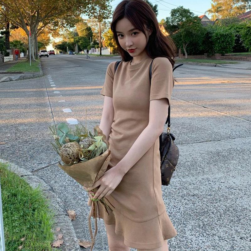 Đầm ngắn tay cổ tròn thiết kế rút dây thanh lịch cho nữ