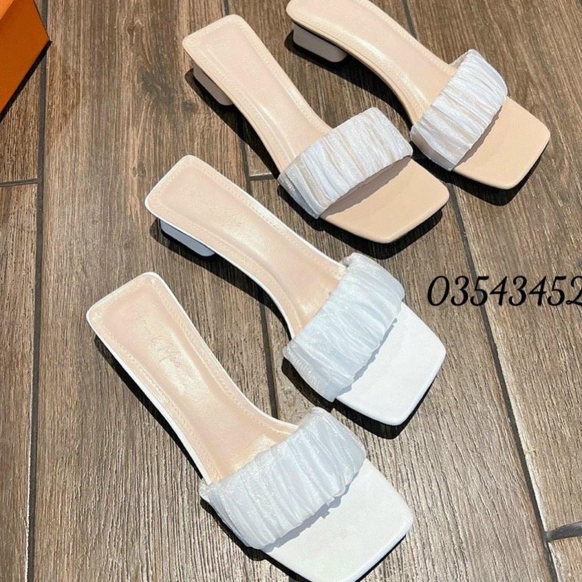 Xả kho 3 ngày giá sốc: Dép/ guốc cao gót 4 phân gót vuông quai nhún 2 lớp( nhún meka kết hợp voan)- bèo 4f