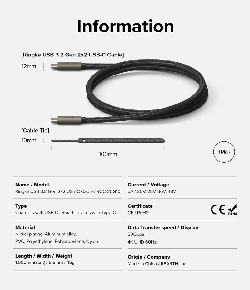 Cáp sạc nhanh 240W cho điện thoại/laptop/tablet RINGKE USB-3.2 Gen 2X2 USB-C Cable - Hàng Chính Hãng