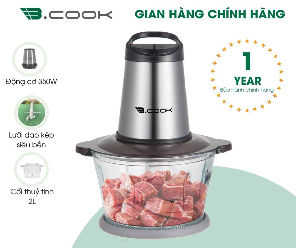 Máy xay thịt, cá, xay đa năng B.COOK 2 lưỡi dao kép cối thủy tinh (350W) - Hàng chính hãng