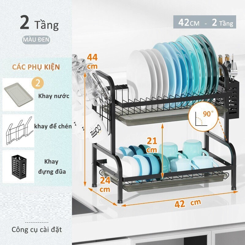 Kệ chén úp dĩa bằng Sắt 2 tầng có khay đựng ống đũa Phú Khang