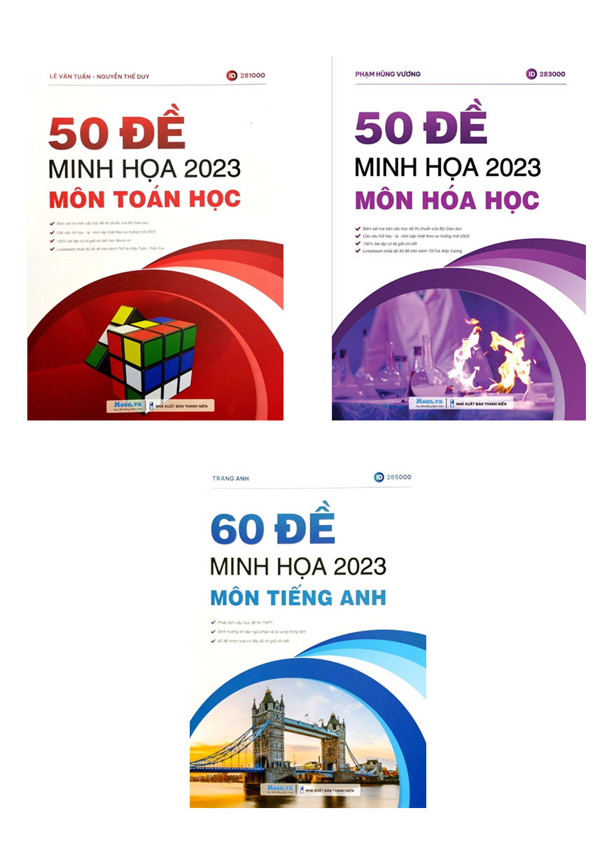 Combo Bộ Đề Ôn Thi Khối D07: 50 Đề Minh Họa 2023 Môn Toán Học + 50 Đề Minh Họa 2023 Môn Hóa Học + 60 Đề Minh Họa 2023 Môn Tiếng Anh (Bộ 3 Cuốn) _MOON