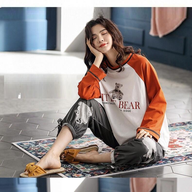 Bộ đồ dài nữ mặc nhà thun cotton bo gấu Little Bear
