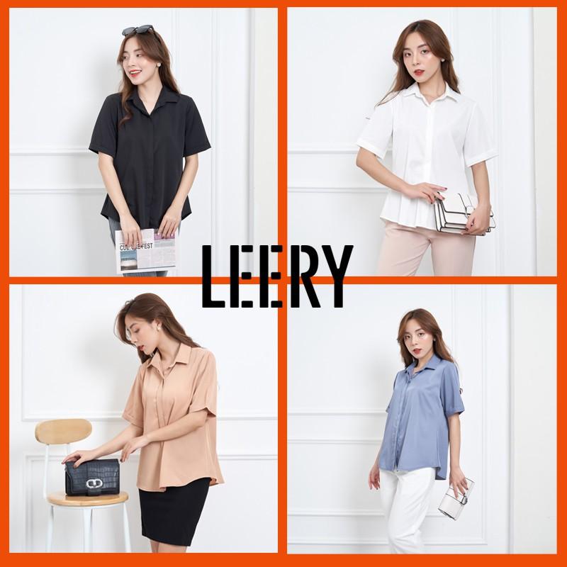 Áo sơ mi nữ đẹp tay ngắn công sở màu Đen Trắng Xanh Be kiểu Hàn Quốc form rộng chất lụa cao cấp LEERY S.M-02