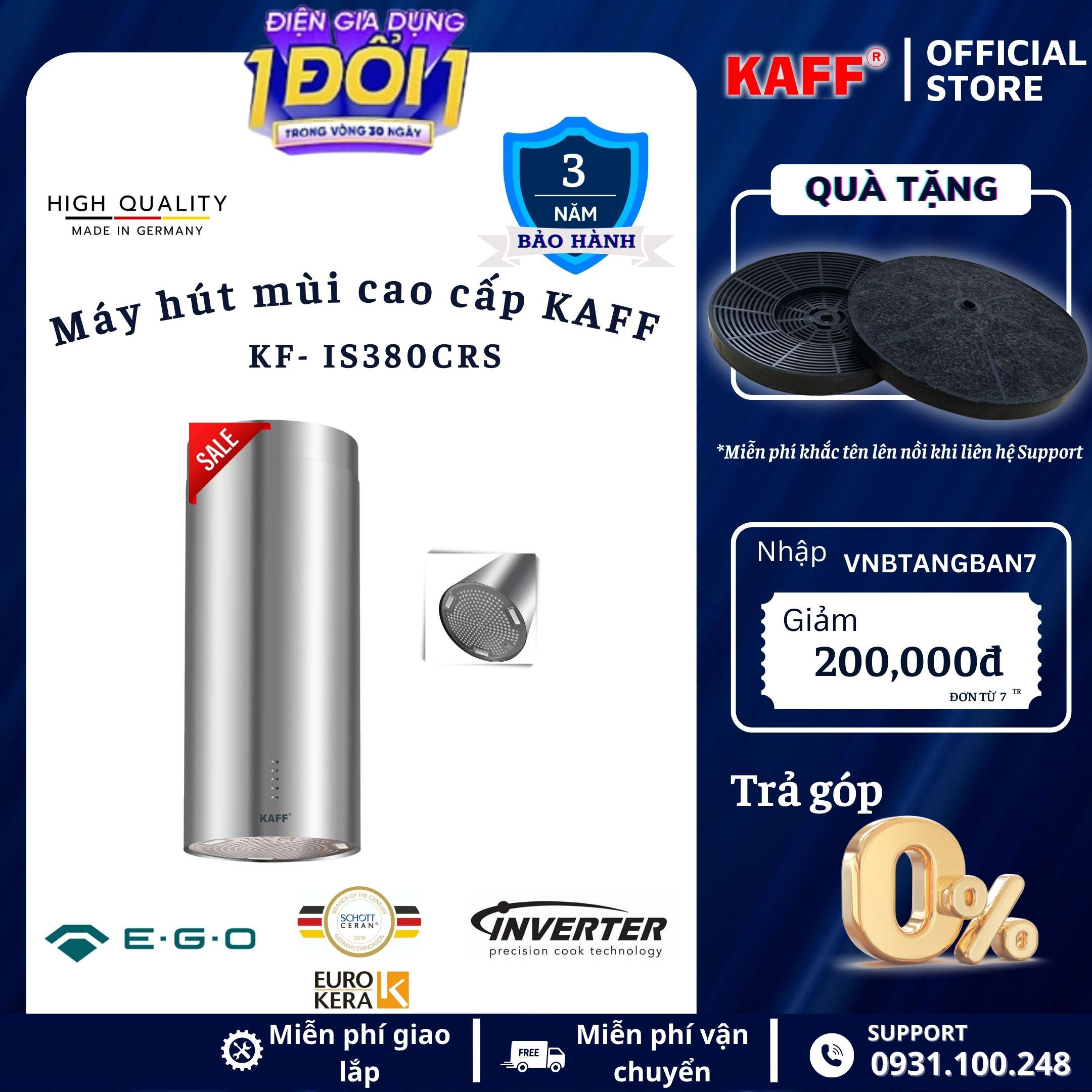 Máy hút mùi độc lập dạng ống_inox_cảm ứng KAFF KF_IS380CRS Tặng bộ lọc than thay thế _ Hàng Chính Hãng