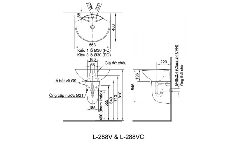 Chậu treo tường 3 lỗ Inax L-288VEC ( không bao gồm chân chậu )