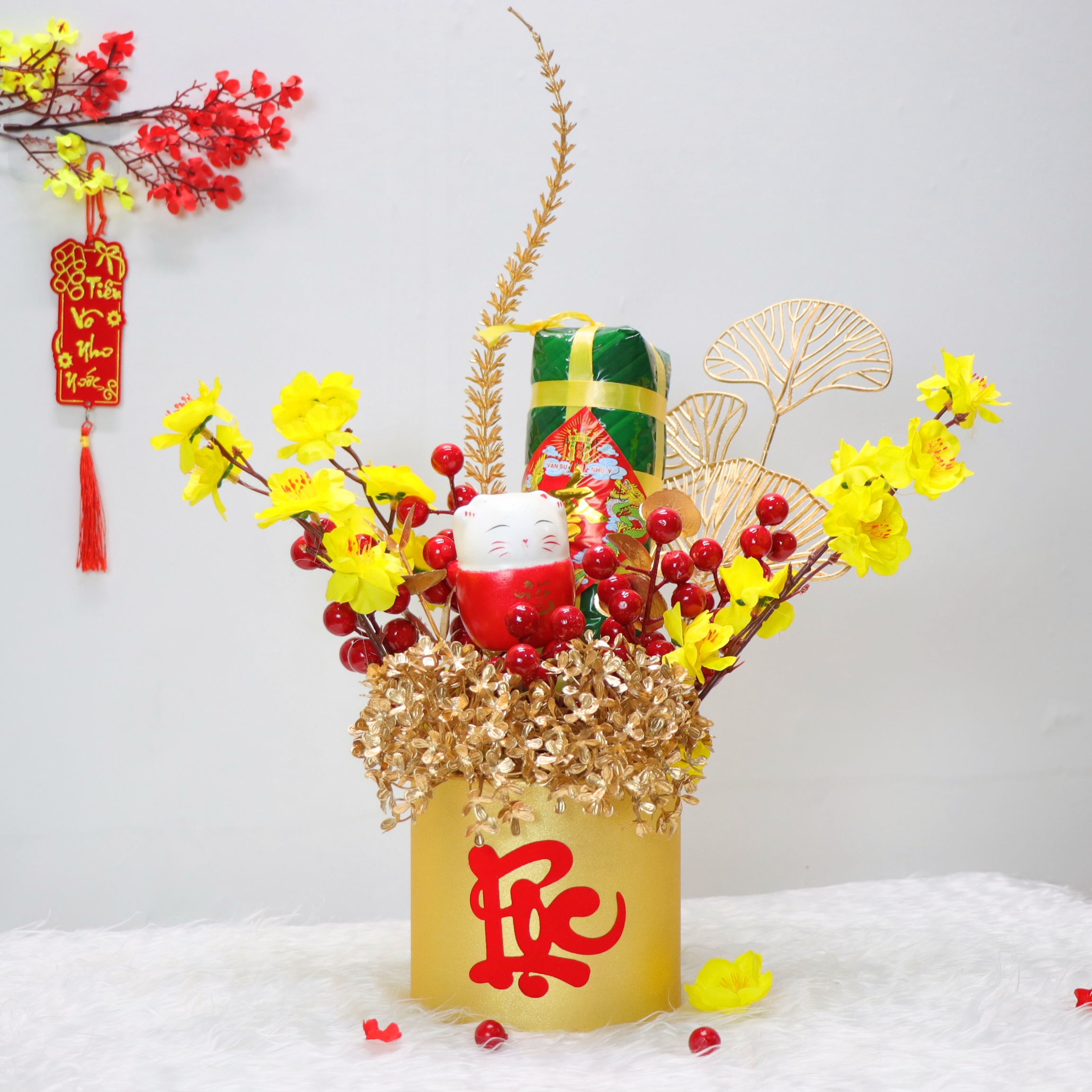 Chậu Đào Đông Trang Trí TẾT A12 May Mắn Tài Lộc – Handmade