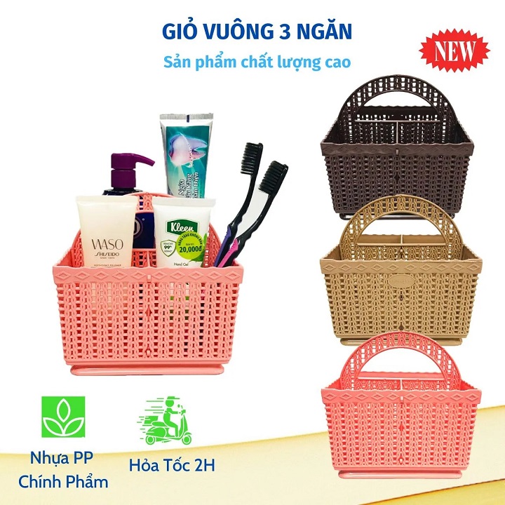 Giỏ đựng đồ nhựa vuông 3 ngăn có quai xách đa năng kích thước 15 cm x 15 cm x 18 cm