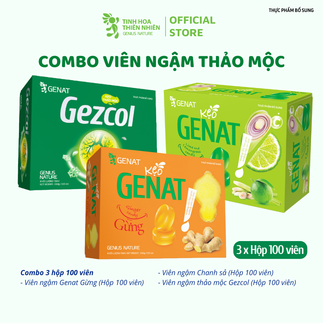 Combo 3 hộp 100 viên - Kẹo thảo mộc Gezcol - Genat Gừng - Genat Chanh sả - Giao 2H HCM