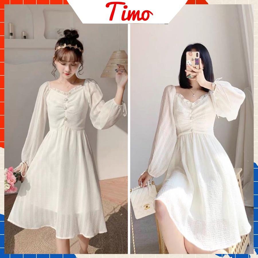 Váy babydoll, váy đi biển trắng tiểu thư, bánh bèo dáng dài tay bồng, đầm dự tiệc, đi chơi siêu xinh dáng xòe, VAY005