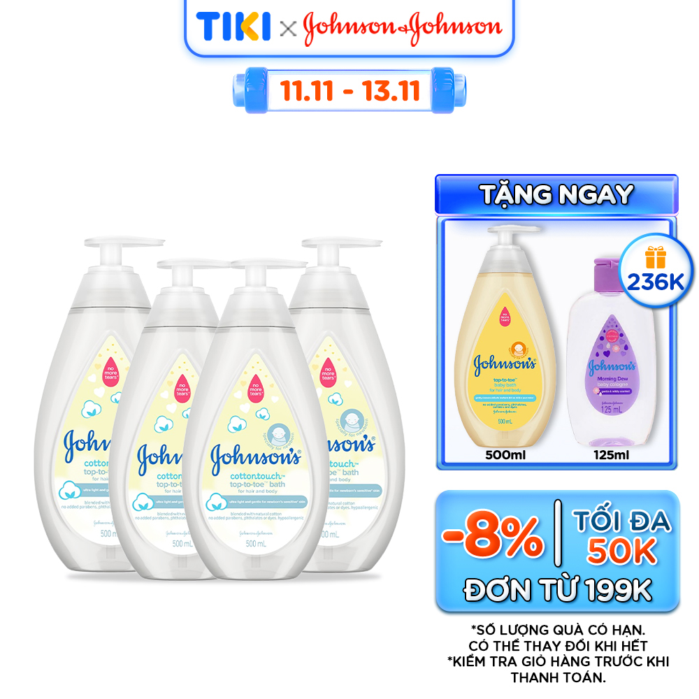 [BỘ 4 SIÊU RẺ] sữa tắm 2 trong 1 (gội+tắm toàn thân) mềm mịn Johnson' baby Bath Cotton Touch 500mlx4