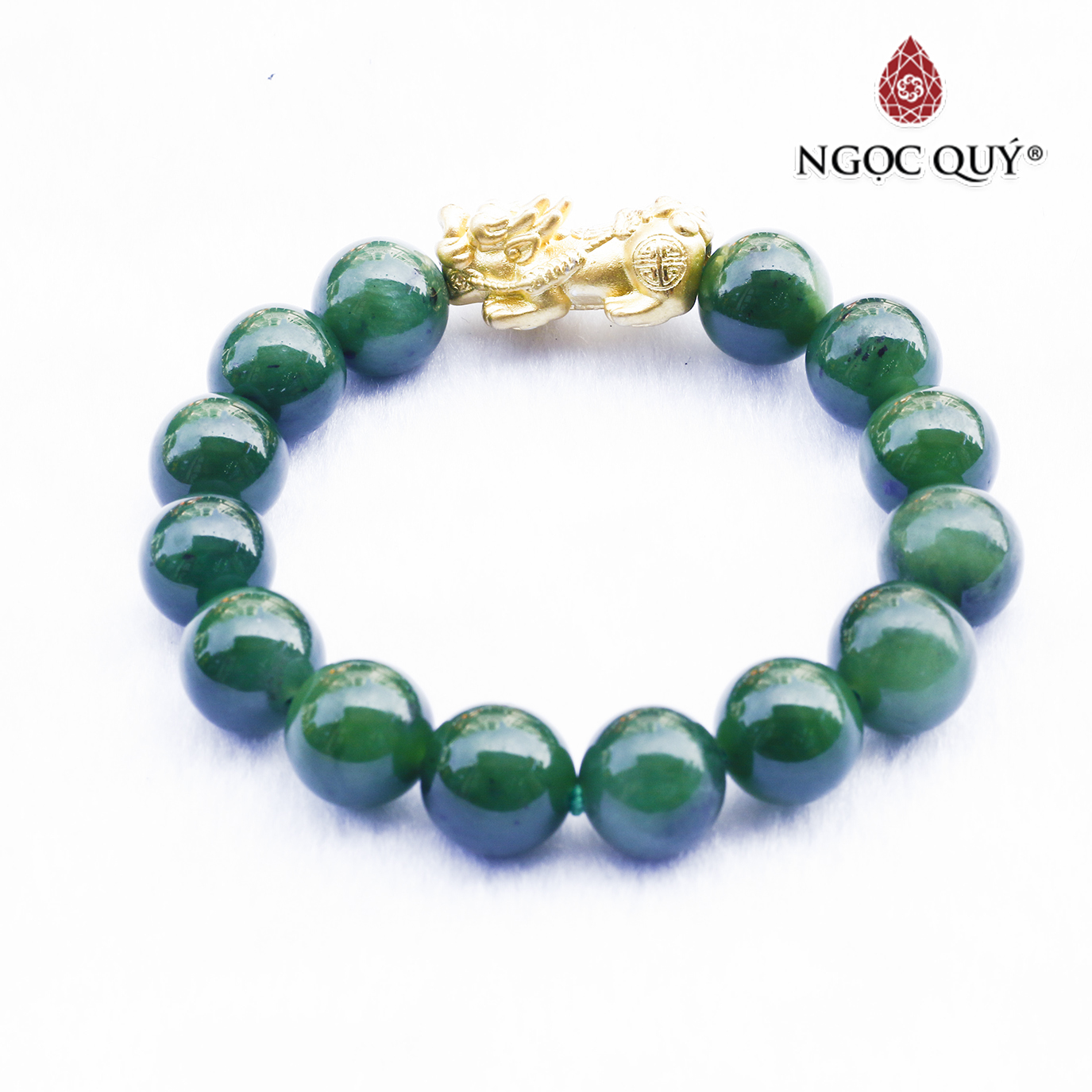 Vòng ngọc bích 11mm phối tỳ hưu bạc mạ vàng mệnh hỏa, thổ - Ngọc Quý Gemstones