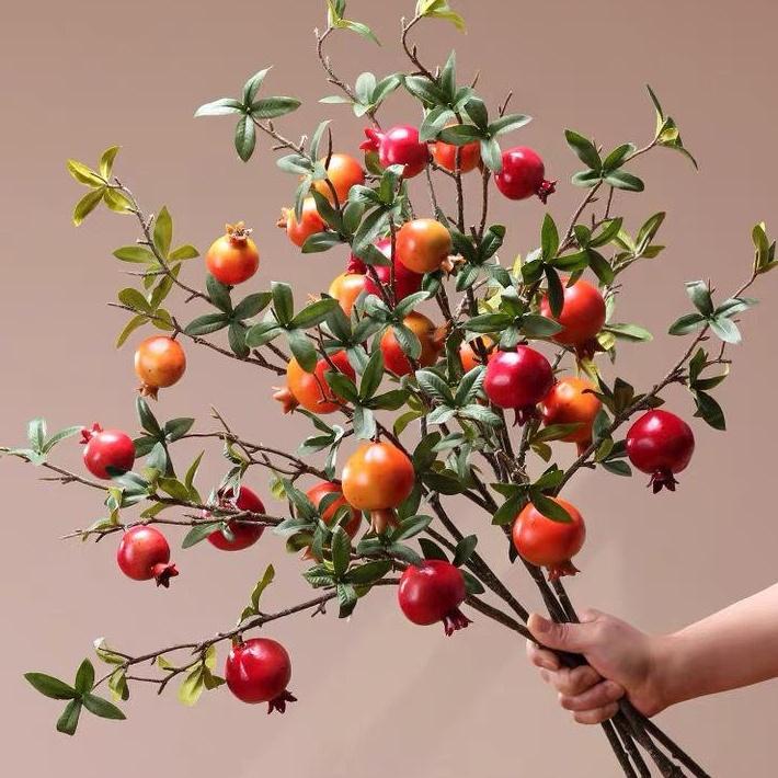 Cành lựu cao cấp loại 1 có 3 nhánh lớn 6 quả to - Cherry trang trí lễ tết - Hoa giả decor giá sỉ