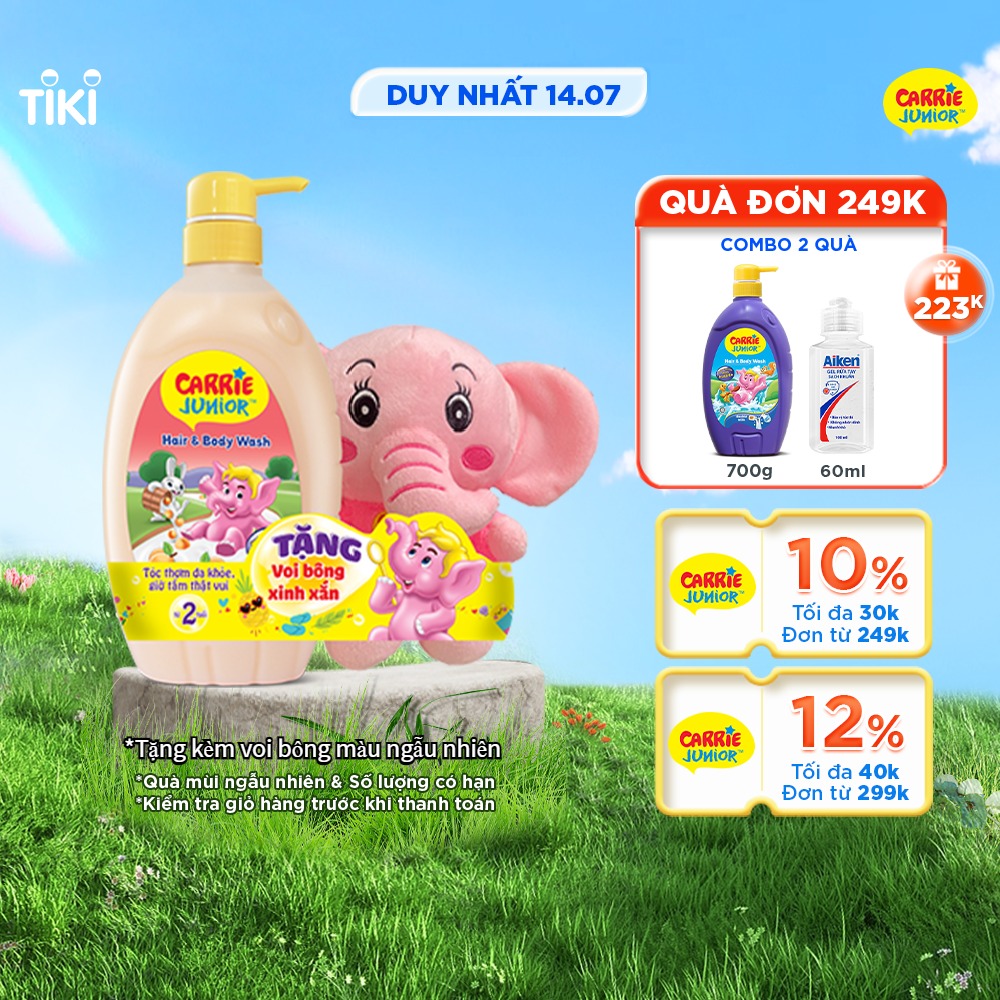 [TẶNG KÈM Voi bông | màu ngẫu nhiên] Chai Sữa Tắm Gội Cho Bé Carrie Junior Yoghurt hương Mơ Tây 700g