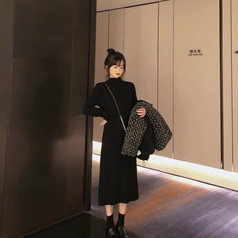 Váy Midi Len Cổ Lọ Nữ Đầm suông dáng dài co dãn màu đen trơn bánh bèo tiểu thư Ulzzang HOT ! *