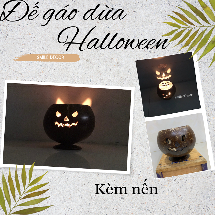 Giỏ đựng kẹo , đựng nến bằng gáo dừa Smile Decor hình bí ngô trang trí Halloween (kèm nến) - Pumpkin Halloween lantern