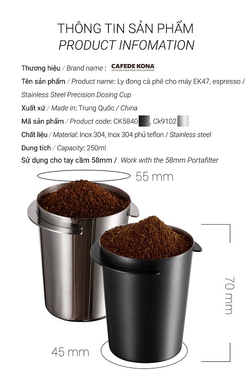 Ly dosing cup inox hứng đựng cà phê cho máy xay EK43 và espresso Cafede Kona