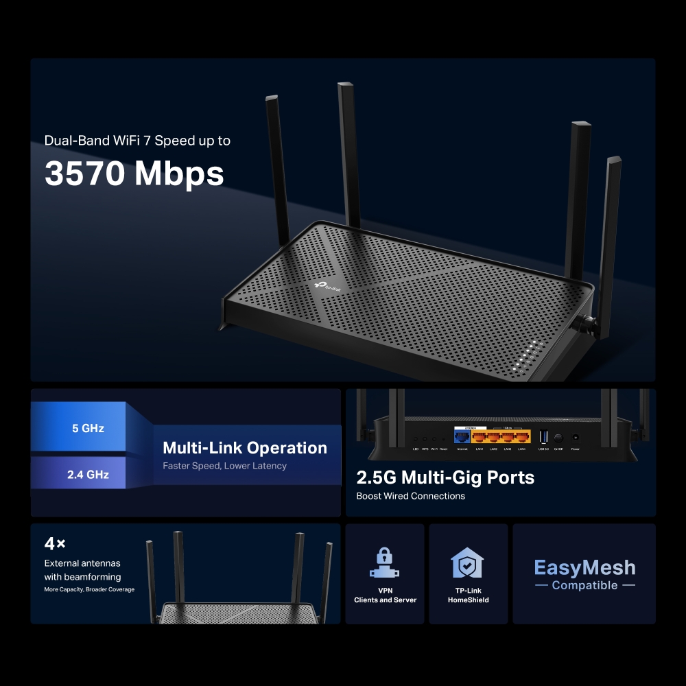 Bộ phát Router WIFI 7 TP-Link Archer BE230 | Chuẩn WIFI 7 băng thông BE3600 / 2 băng tần 2.4 &amp; 5.0 GHz | EasyMesh | Phủ sóng rộng | Bảo hành 2 năm | Hàng Chính Hãng