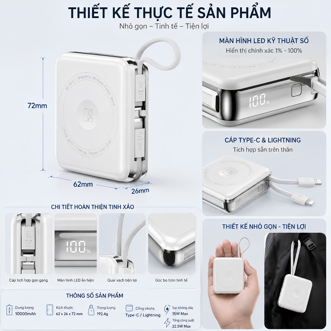 Pin sạc dự phòng sạc không dây từ tính 3in1 MagFusion Trio 10000Mah, kèm dây sạc Type-C + L(iP/iPad) WIWU XF17 cho iPhone iPad Apple watch Airpods - Sạc Magnetic 15W | PD20W | Cáp Type-C + L(iP/iPad) Tích Hợp | LED % Pin - Hàng nhập khẩu
