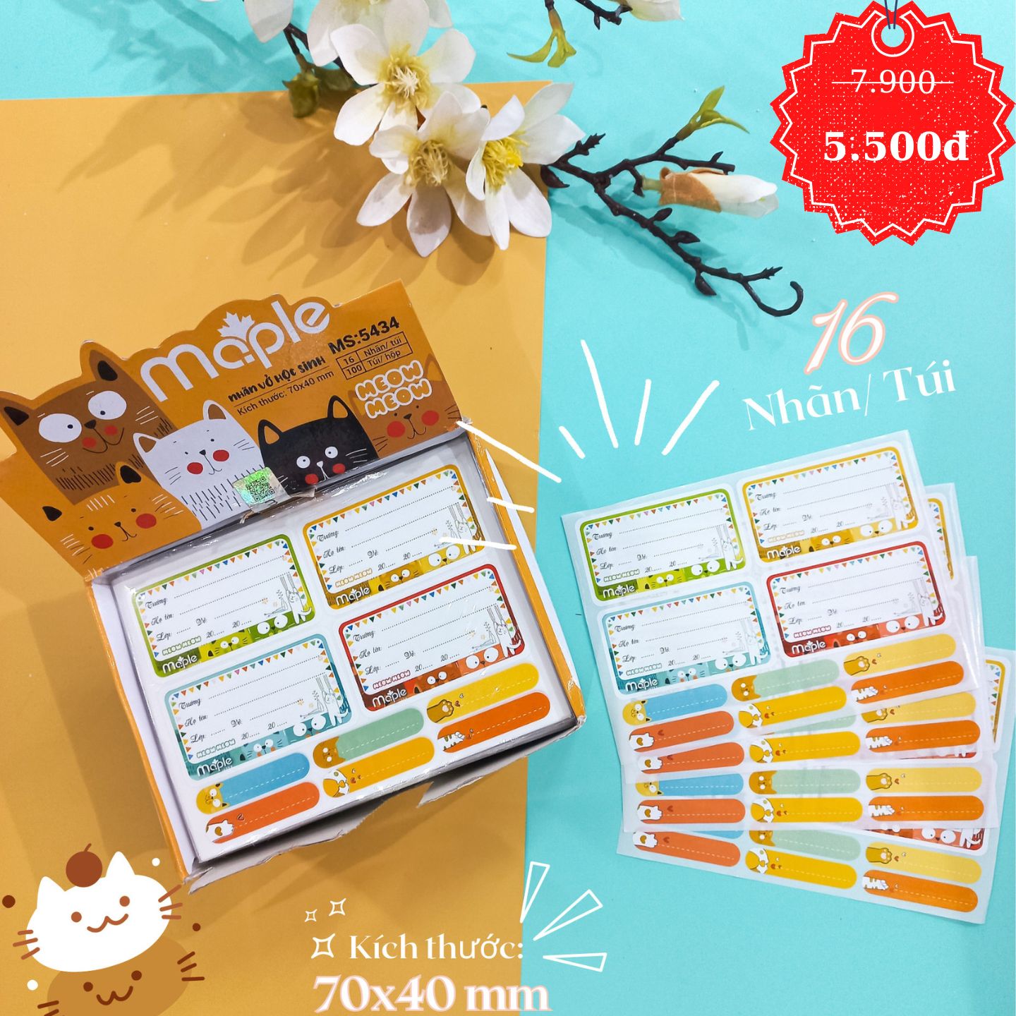 Nhãn vở Mc.ple MEOW 5434 (16 nhãn/túi) Nhãn vở học sinh giá rẻ