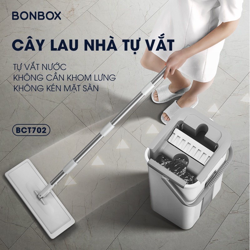 Bộ Cây Lau Nhà Tự Vắt Thông Minh BONBOX BCT702 Xoay 360 Độ Kèm Thùng Tự Vắt 2 Ngăn Xô