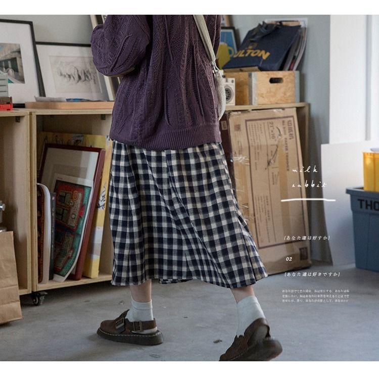 Chân váy dài chất vải thô Quảng Châu dáng suông vintage kẻ ô vuông phong cách Hàn Quốc(ảnh thật shop chụp