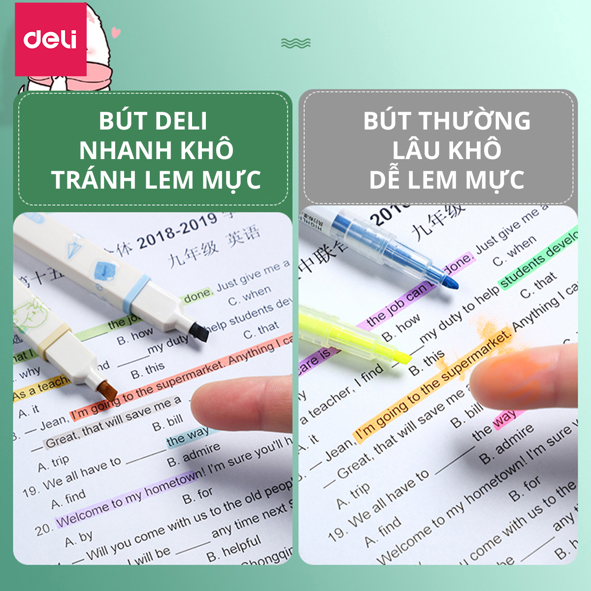 Bút highlight dạ quang nhấn dòng kèm sticker Deli - Hộp 6 chiếc - S743