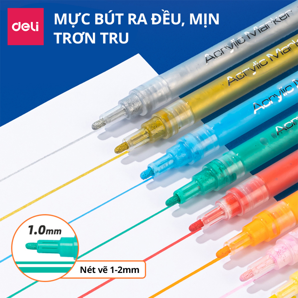 Bút Sơn Acrylic Marker Chống Nước Deli - Kèm túi vải - 24/36/48/60 Màu Vẽ Trên Mọi Chất Liệu Tô Màu DIY Giày Vải Chai Lọ