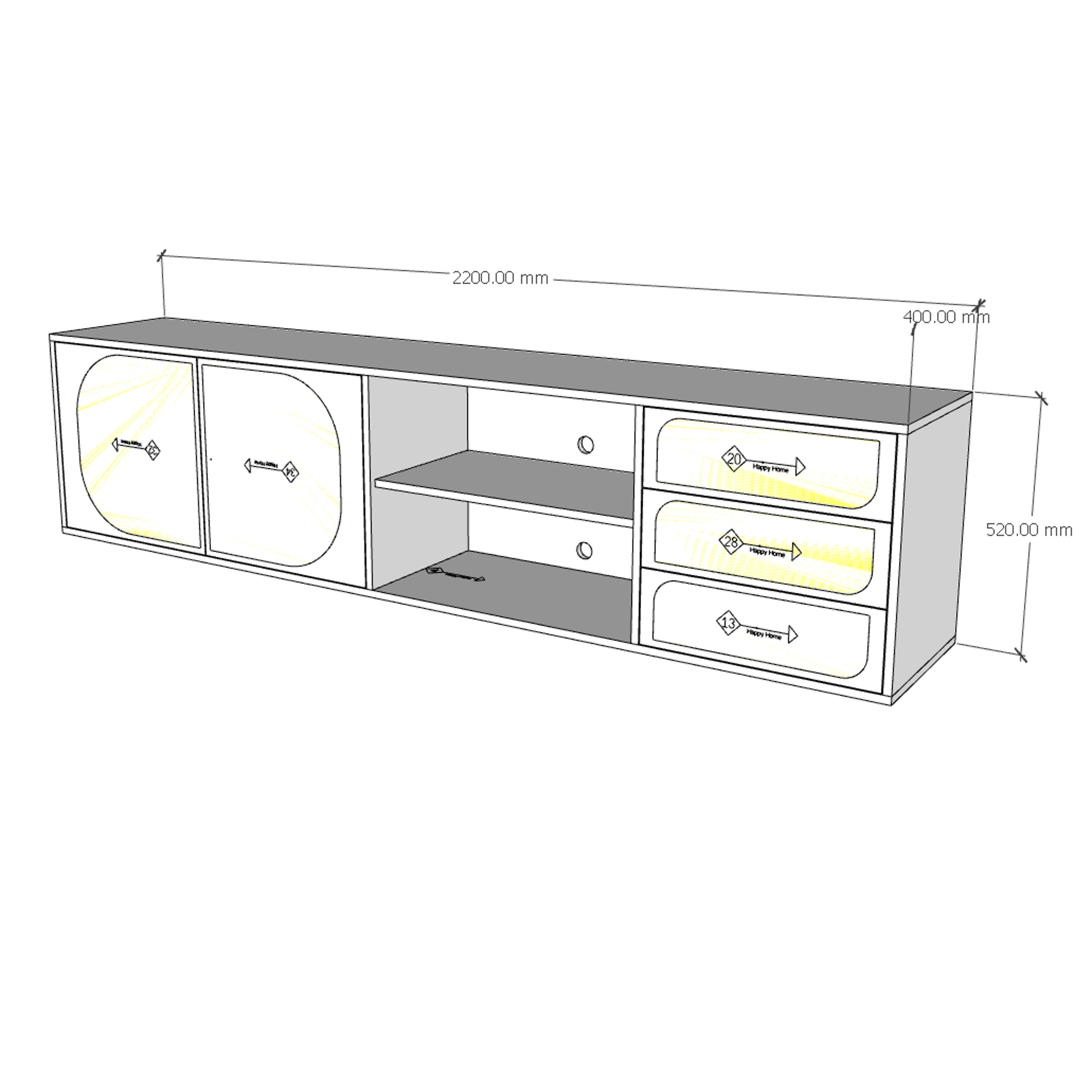 BANA, Kệ TV 2 cửa mở, 220cm x 40cm x 52cm , KTV_031