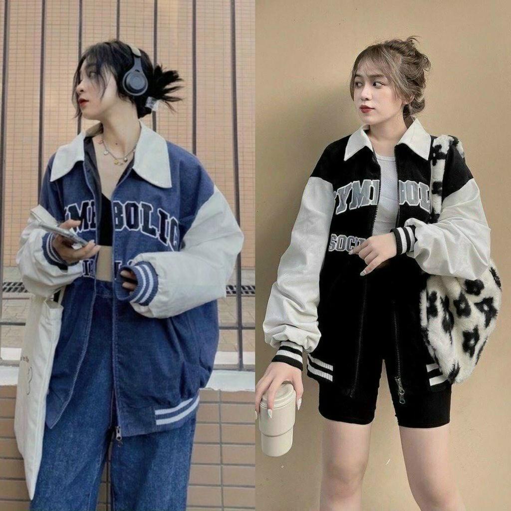 Áo khoác nữ bomber Unisex CỔ BẺ chất nhung tăm thêu chữ SYMPOLIC ,form rộng 2 lớp đẹp