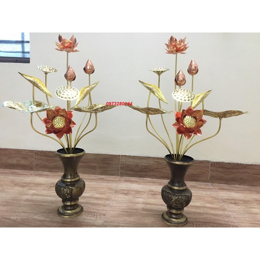 Combo 2 lọ hoa giả cổ bằng đồng cao 30cm + 2 bó sen đồng vàng pha đỏ 10 cành cỡ to