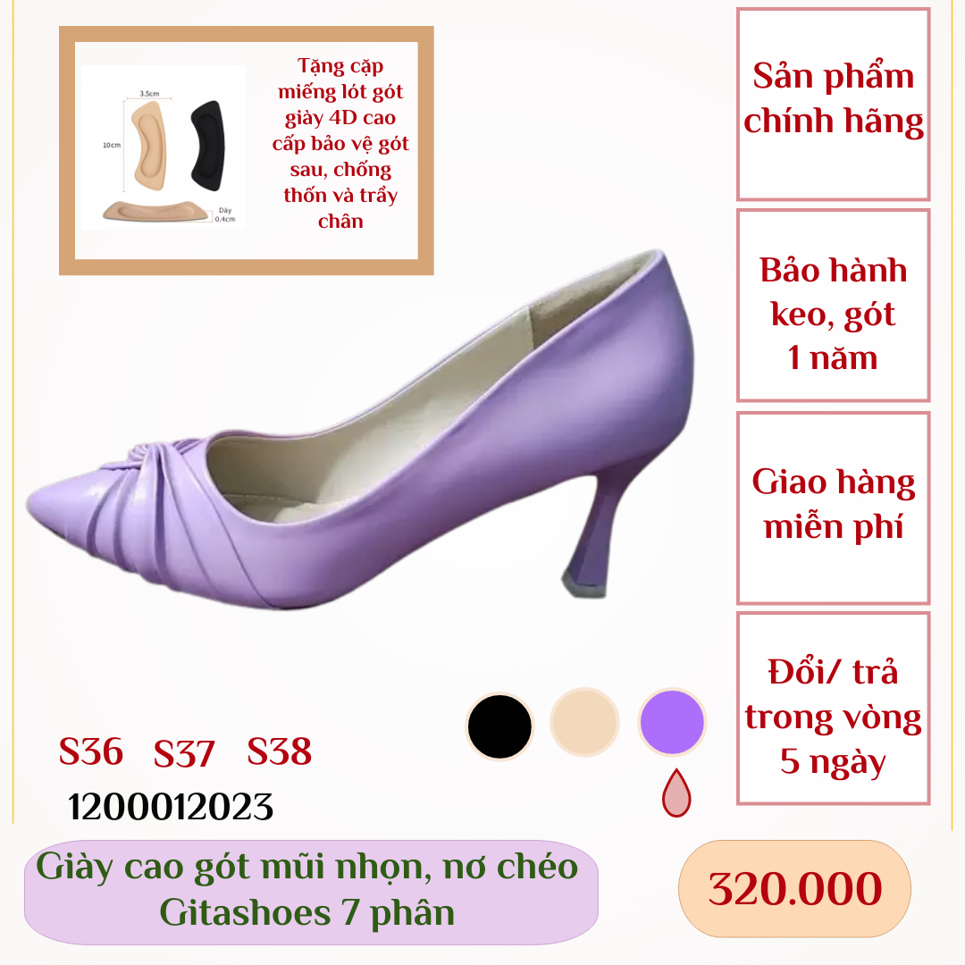 Giày cao gót gitashoes mũi nhọn, nơ chéo, cao 7 phân- 1200012023