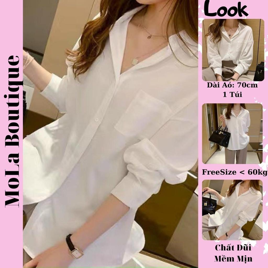 Áo Sơ Mi Form Rộng MOLA Màu Trắng Dáng Dài 1 Túi Kiểu Hàn Quốc Vintage Ulzzang Tiểu Thư Bánh Bèo Chất Đũi