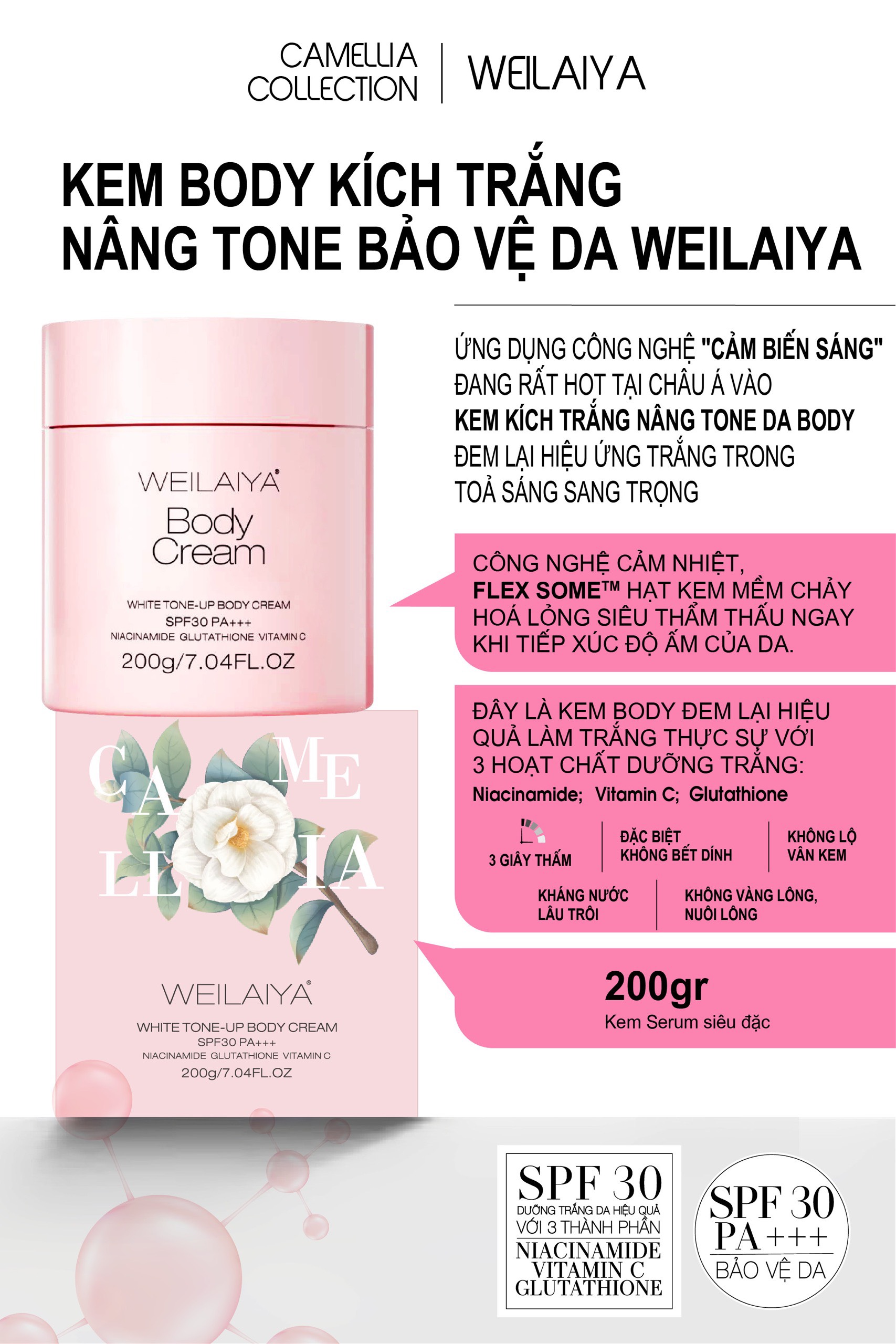 Kem body trắng da WEILAIYA dưỡng trắng da toàn thân, làm tươi da, nâng tông, chống nắng chỉ số SPF30, PA+++