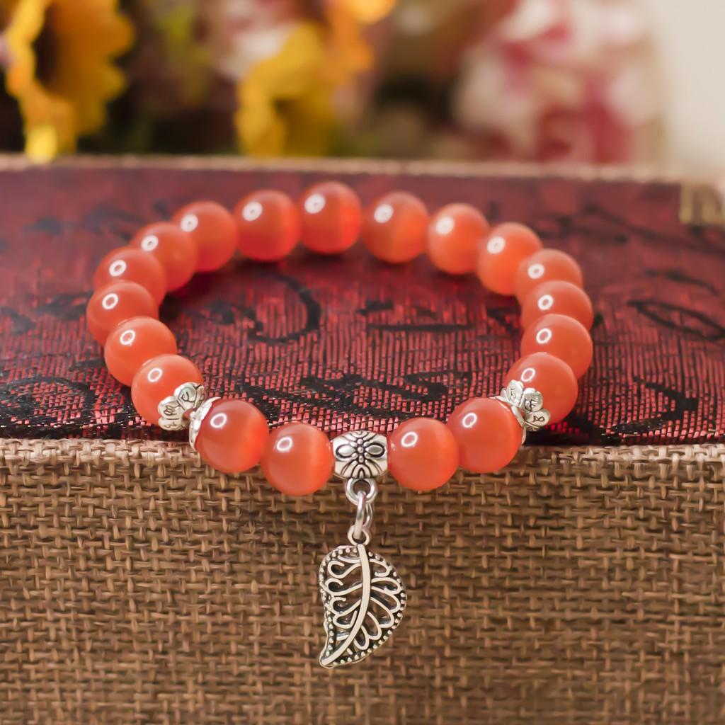 -Vòng Phong Thủy Mã Não Đỏ Mix Charm Lá 8mm V279-8- Vòng phong thủy hợp mệnh Thổ