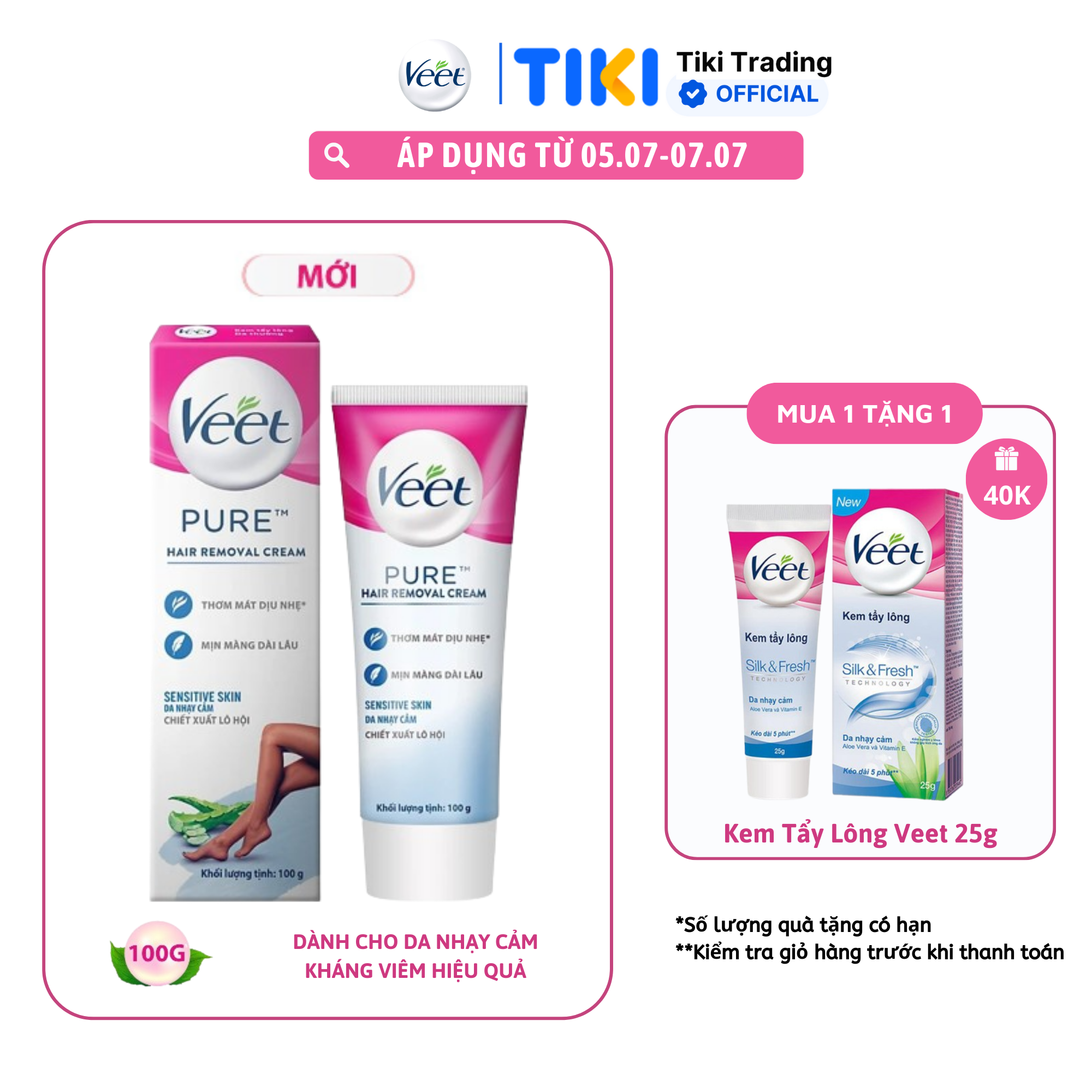 [MỚI] Kem tẩy lông Veet cho da nhạy cảm, hộp lớn 100g tiết kiệm, công thức Pure cải tiến