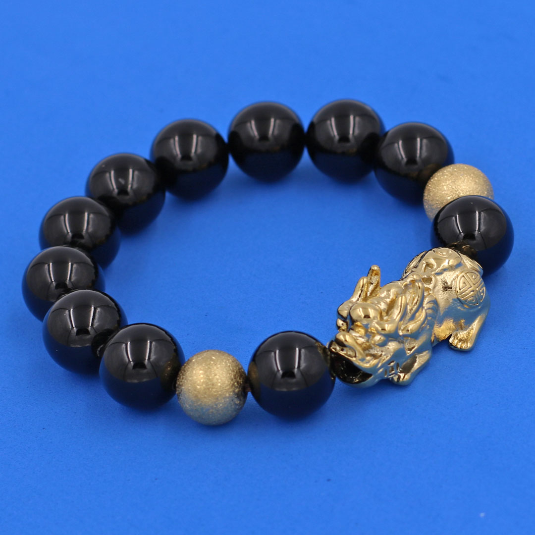 Vòng chuỗi đeo tay đá thạch anh đen 14 ly  charm tỳ hưu và bi inox vàng, vòng tay chuỗi hạt