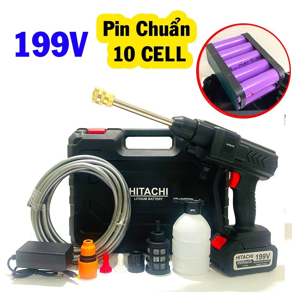 Bộ Máy Xịt Rửa Xe Tăng Áp Cầm Tay Dùng Pin 10 Cells 199V Siêu Trâu - Hàng Chuyên Dụng Lõi Đồng Không Chổi Than Cực Khỏe