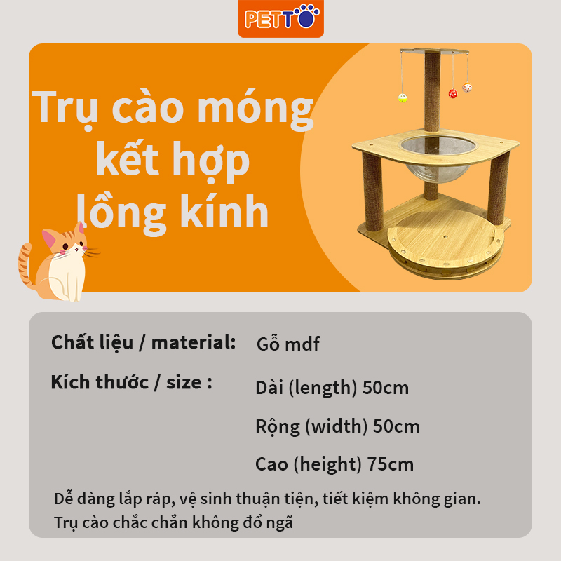 Trụ cào móng cho mèo bằng gỗ kèm lồng kính xinh xắn CT044
