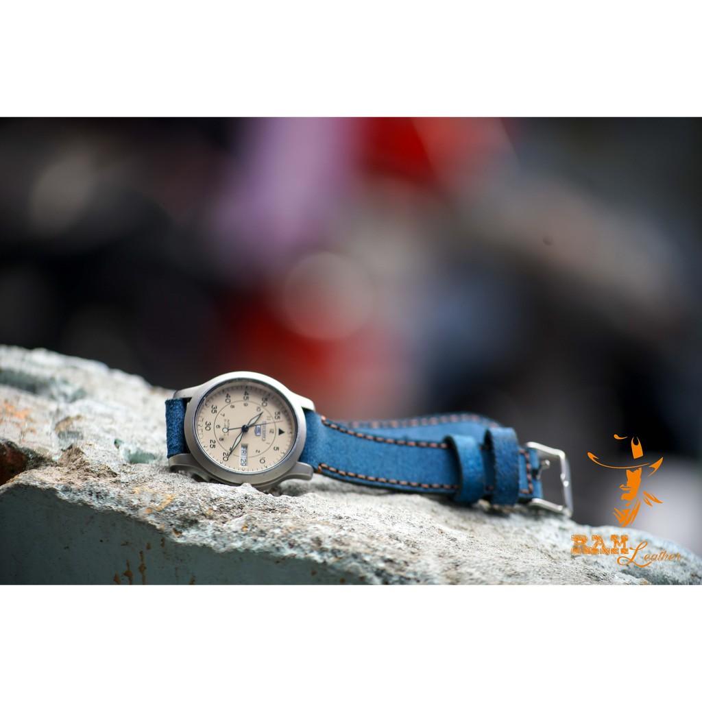Dây đồng hồ da bò thật RAM Leather classic 1963 xanh blue coban handmade