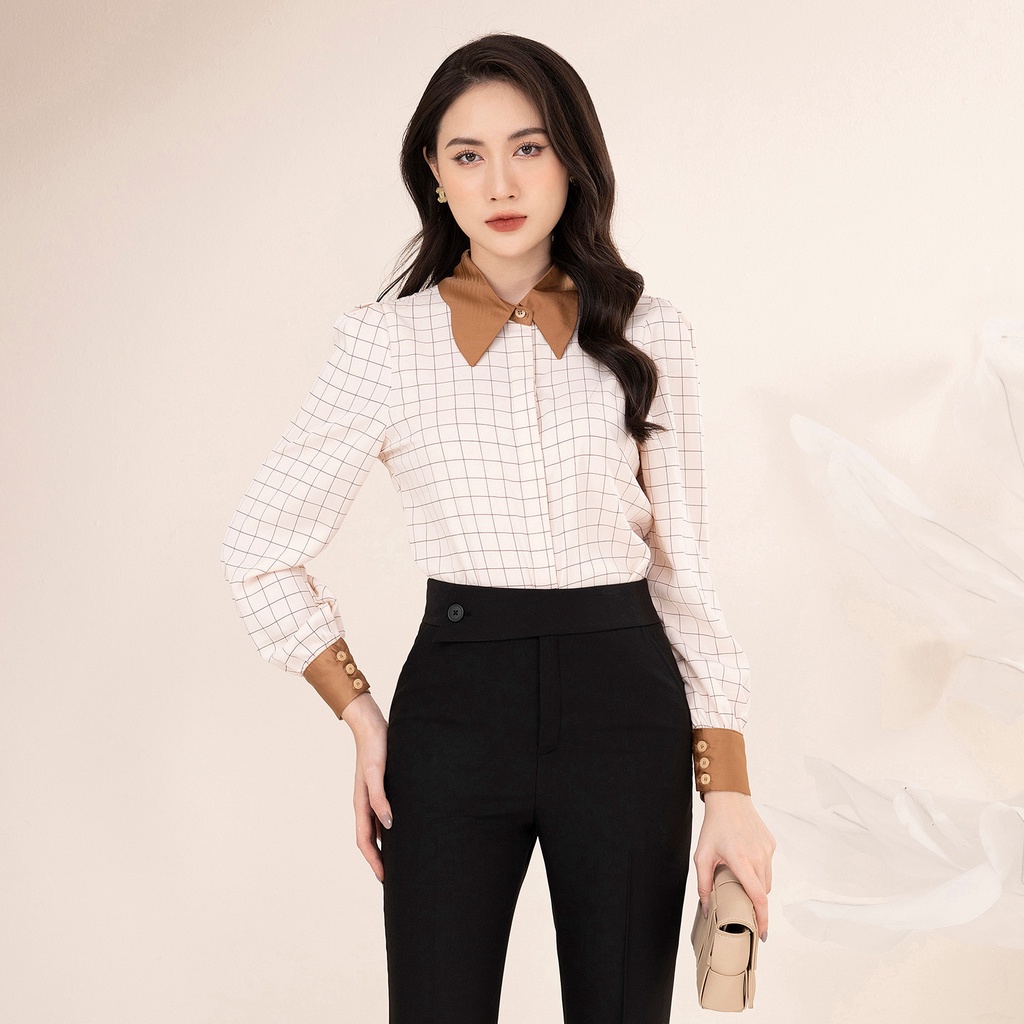 Áo Sơ Mi Nữ Dài Tay Kẻ Caro Công Sở Phối Cổ Tây UK Fashion Thời Trang Basic Vải Hàn, Thoáng Mát NKSM2210002