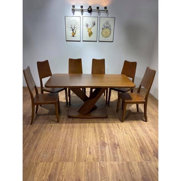 Bàn ăn 6 ghế gỗ sồi nga kiểu chân X