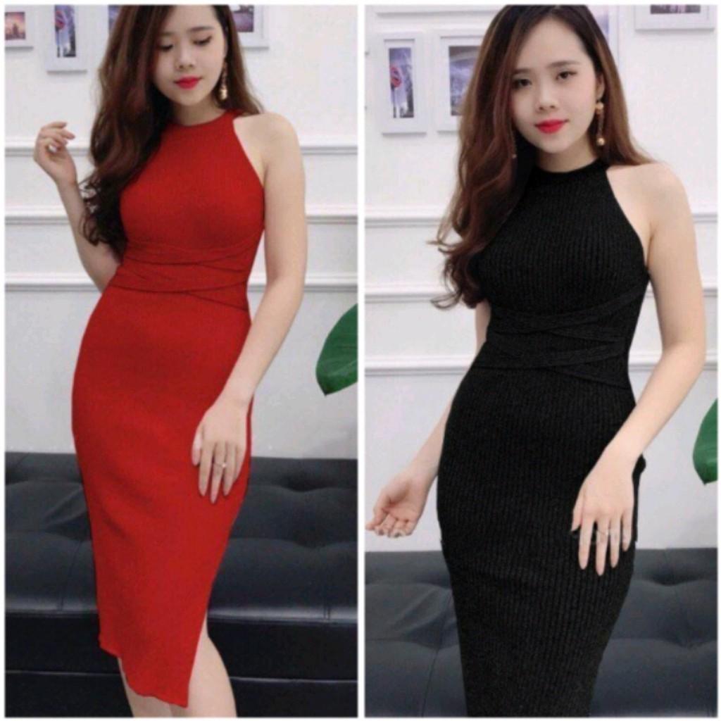 LH08 - Đầm Body Cổ Yếm Dây Đan Eo