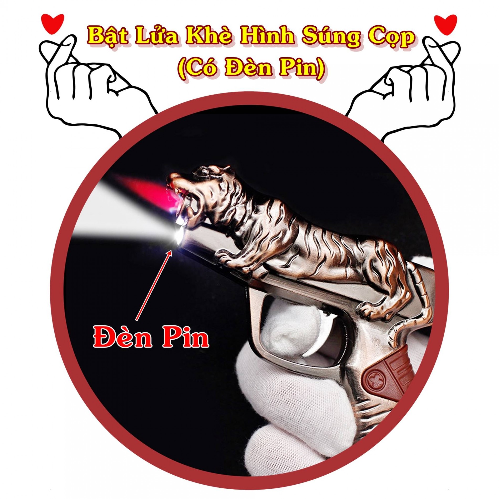 Bật lửa hột quẹt khè hình xúng cọp có đèn pin 11cm - xài ga