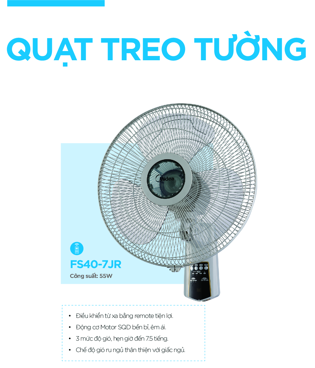 Quạt Treo Tường 3 Cánh Midea FW40-7JR (Quạt Điện Công Suất 55W, Chỉnh Gió 3 Tốc Độ, Có Điều Khiển Từ Xa)