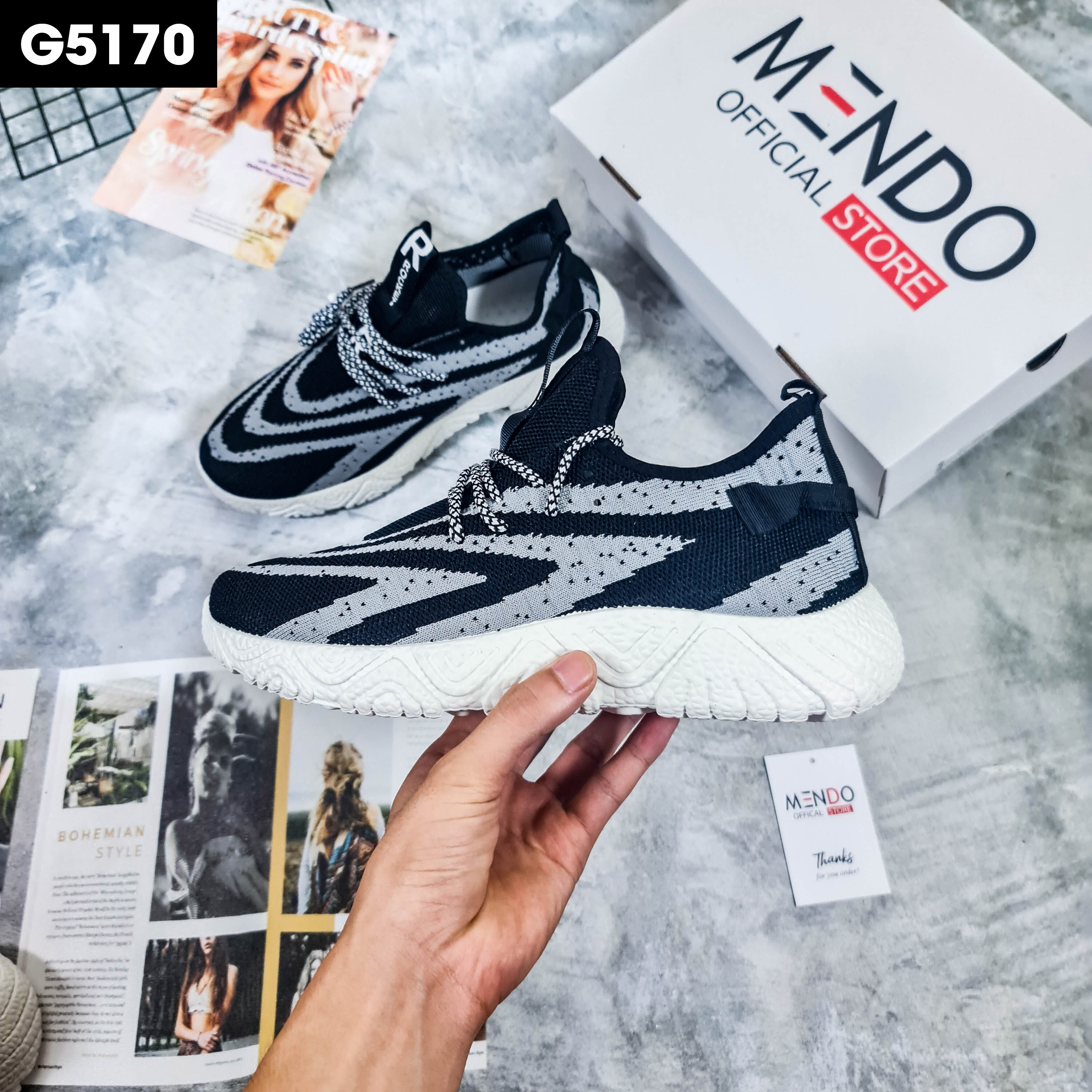 Giày Thể Thao Nam MENDO - Giày Sneaker Màu Trắng - Đen, Giày Thể Thao Chạy Bộ Xuyên Việt - G5175