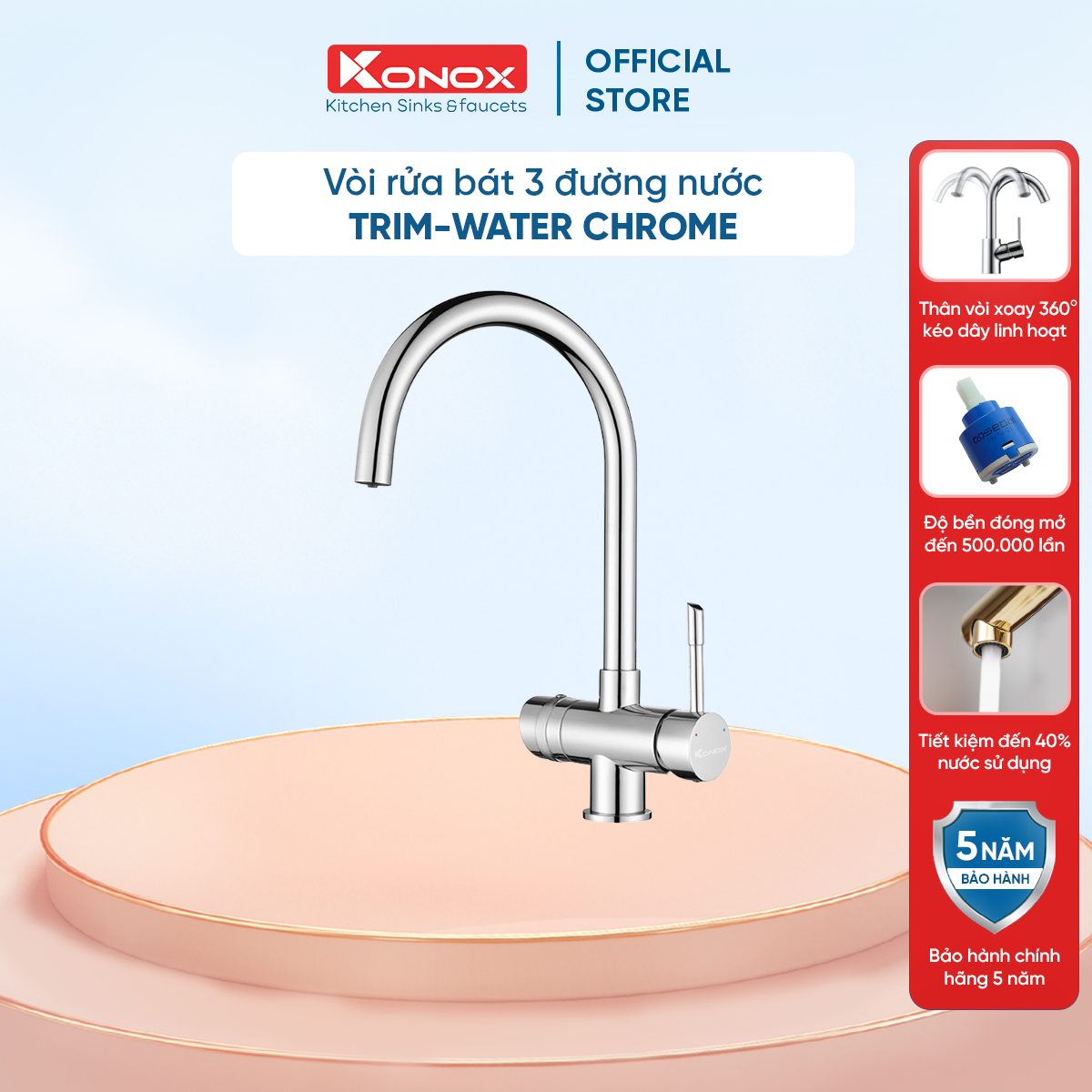 Vòi rửa bát 3 đường nước Konox, Model Trim-Water Black, 3 phiên bản màu, Bề mặt mạ PVD mạ vân đá, Lõi đồng tiêu chuẩn CW617N, Linh kiện phụ trợ dòng chảy nhập khẩu châu Âu, Bảo hành chính hãng 5 năm, Hàng chính hãng