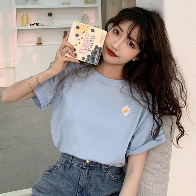 Women Summer Crew Neck College Short Sleeve Floral Print Loose T-Shirt Tops