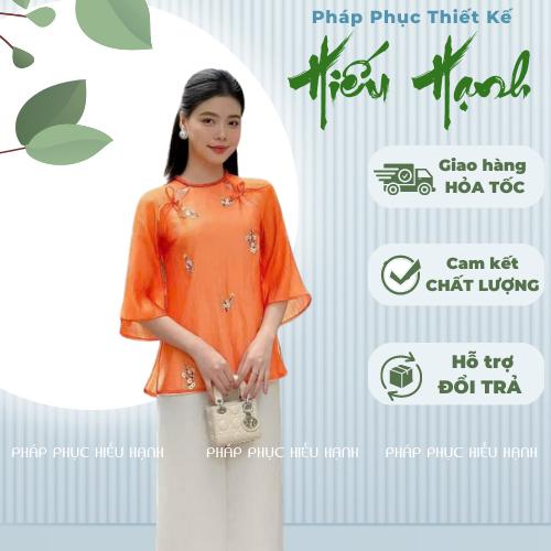Pháp phục, đồ lam đi lễ chùa áo chất tơ thêu hoa tinh tế màu cam phối quần lụa trắng - Pháp Phục Hiếu Hạnh
