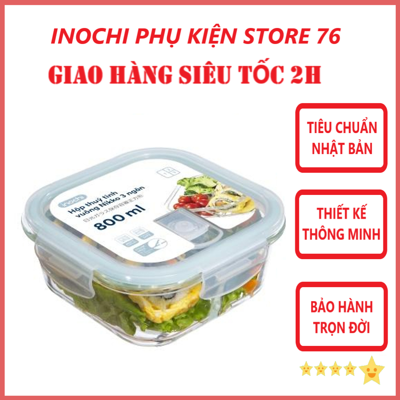 Hộp Cơm Thủy Tinh 2/3 ngăn, Hộp Thủy Tinh Đựng Thức Ăn NIKKO Tiêu Chuẩn Nhật Bản - Chính hãng inochi (Tặng kèm khăn lau tay đa năng pakasa